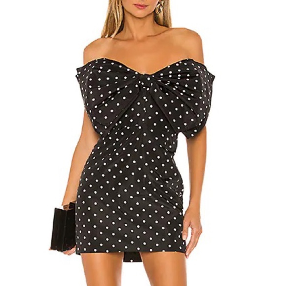 Bardot Bow Mini Dress Polka Dot Black Size XS